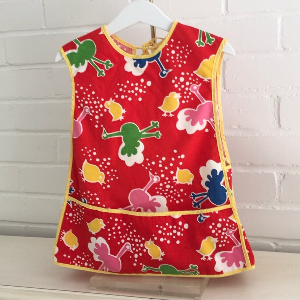 Kids Classic Vintage Colorful Kids Apron Smock With Pockets - Bird/Rooster Print